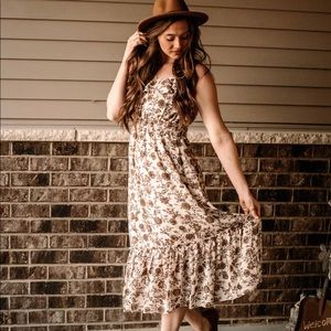 Floral Print Midi Dress | Neutral Cream Brown